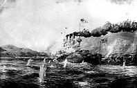 The armoured cruiser USS Brooklyn (ACR-3) during the naval battle off Santiago de Cuba on 3 July 1898. The image captures the dramatic moment when the American ship is travelling at full steam, whilst enemy shells strike the water around it, creating whit [IBR125423468]