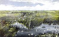 A view over the port city of Baltimore (Maryland) . In the foreground, numerous sailing ships, steamboats and cargo ships bring the harbour area to life. Behind them lies the city's dense network of streets, with its distinctive brick buildings, churches, [IBR125423471]