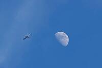 Airbus jet commercial passenger aircraft of Wizzair airlines flying in a blue sky with the moon in the background, England, United Kingdom [IBR125423487]