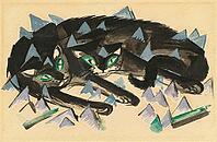 Two Reclining Black Cats, 1913, artwork by Franz Moritz Wilhelm Marc (born 8 February 1880 in Munich, died 4 March 1916 in Braquis near Verdun, France), a German painter, draughtsman and graphic artist. He is regarded as one of the most significant painte [IBR125424499]