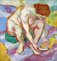 *Nude with a Cat*, 1910, a work of art by Franz Moritz Wilhelm Marc (born 8 February 1880 in Munich, died 4 March 1916 in Braquis near Verdun, France), a German painter, draughtsman and printmaker. He is regarded as one of the most important painters of G [IBR125424517]