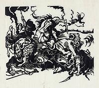 Lion Hunt for Delacroix, 1913, artwork by Franz Moritz Wilhelm Marc (born 8 February 1880 in Munich, died 4 March 1916 in Braquis near Verdun, France), a German painter, draughtsman and graphic artist. He is regarded as one of the most significant painter [IBR125424522]