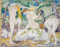 Women Bathing, 1910, artwork by Franz Moritz Wilhelm Marc (born 8 February 1880 in Munich, died 4 March 1916 in Braquis near Verdun, France), German painter, draughtsman and graphic artist. He is regarded as one of the most important Expressionist painter [IBR125424526]