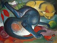 Two Cats, Blue and Yellow, 1912, artwork by Franz Moritz Wilhelm Marc (born 8 February 1880 in Munich, died 4 March 1916 in Braquis near Verdun, France), German painter, draughtsman and graphic artist. He is regarded as one of the most significant painter [IBR125424527]