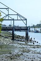 A sturdy wooden pier extends over the water, leading to a marina filled with various boats and yachts under a clear sky, Richmond Whistler, BC, Canada [IBR125424554]