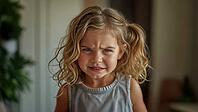 A young blond girl with a quizical expression. The child has messy blond hair, a single pony tail, and is earing a white sleeveless t-shirt. Confused look. Standing in her living room. Angry child, AI generated [IBR125424577]