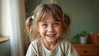 A pretty little girl in her living room smiling at the camera. Blond hair in pony tails. Wearing a white t-shirt. Illuminated by natural window light. Big smile, AI generated [IBR125424578]