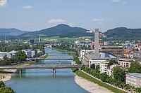 Tower of the Salzburg-Mitte power plant of Salzburg AG and river Salzach, City of Salzburg, Salzburg, Salzburger Land, Austria [IBR125436239]