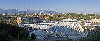 Panoramic view of factory building and old town with Alps in the background, Photomerge, Kranj, Upper Carniola, Slovenia [IBR125436264]