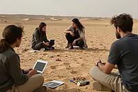 Field research team analyzing geological data on laptops during a scientific expedition across arid desert sand dunes, four young scientists sitting in a circle on golden sand discussing environmental telemetry and climatological observations, modern tech [IBR125446468]