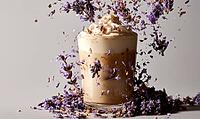 Fresh latte topped with lavender flowers and scattered petals, AI generated [IBR125446500]