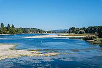 View across the extremely low-water Rhine to the H$00F6ri Peninsula, Eschenz, Canton of Thurgau, Switzerland [IBR125448816]