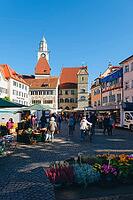 Lively weekly market market with numerous stalls on the Hofstatt in the historic old town of $00DCberlingen am Lake Constance, Bodenseekreis, Baden-W$00FCrttemberg, Germany [IBR125448838]