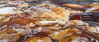 Close-up view of the turbulent stream and rapids of the Roshchinka River with brown water, at daytime, Lindulovskaya grove, Leningrad Oblast, Russia [IBR125448842]