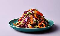 Colorful vegetable salad on teal plate. Thinly sliced orange carrots. Purple cabbage and green peas mix. Fresh, crisp vegetables piled high, AI generated [IBR125448879]
