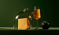 Garnished cheese under glass dome. Sparkling beverage beside it. Dark apple rests nearby. Green background highlights composition, AI generated [IBR125448899]