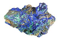 Mineral specimens from geological collection - natural azurmalachite rocks isolated on white background of Kamenushinskoye deposit, Kemerovo region [IBR125462065]