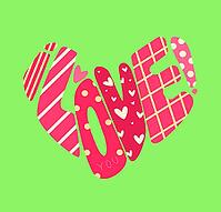 Striped Love Letters Forming Heart Shape On Bright Green Field, Playful Pop Art Typography With Bold Patterns [IBR125462084]