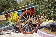 Old wooden traditional cart with colorful panels and a large red wheel in a garden [IBR125462118]