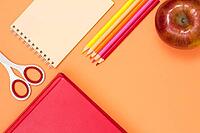 Book, scissors, notebook, color pencils and red apple on a pink background. Top view with copy space. Back to school concept. School supplies. Pastel colours [IBR125462127]