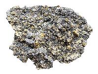 Mineral specimens from geological collection - natural black sphalerite, yellow pyrite and chalcopyrite rock isolated on white background from Romania [IBR125462133]