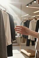 Tactile evaluation of sustainable luxury fashion garments on retail display racks under natural morning sunlight in modern clothing boutique interior, an outstretched customer hand thoughtfully selecting curated minimalist textile apparel, elegant tailore [IBR125472248]