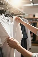 Tactile inspection of basic white cotton shirt textiles on a clothes hanger, shopping behavior in minimalist apparel merchandising environments, hands feeling the woven jersey density as a metaphor for authentic craftsmanship amidst consumerist mass produ [IBR125472255]