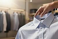 Tactile evaluation of woven cotton fabric in an upscale menswear boutique, where meticulous fingers inspect the spread collar of a light blue dress shirt, classic business wardrobe selection reflects personal professionalism and sartorial standards, prist [IBR125472257]