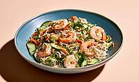 Fresh shrimp noodle salad with vegetables in ceramic dish, AI generated [IBR125472260]