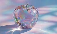 A clear apple with a diamond pattern on it. The apple is sitting on a table. The light is shining on the apple, making it sparkle, AI generated [IBR125472265]