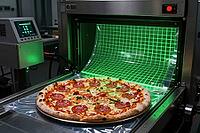 Automated food packaging line inspects freshly baked pepperoni pizza with green laser grid scanning, modern machinery seals convenience goods cleanly, high precision optical sensors evaluate surface geometry during heat seal encasement, industrial mechani [IBR125472273]