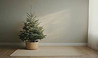 Living room with light grey walls, simple green Christmas tree in a basket, AI generated [IBR125472274]