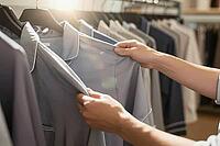 Tactile evaluation of soft pajama fabric in retail store, anonymous hands inspect loungewear on hanger, sensory textile merchandise assessment, touch, haptic perception of woven garments arranged systematically on a boutique metal clothes rail, warm backl [IBR125472278]