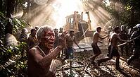 Rainforest clash between indigenous warriors and industrial machinery, native environmental defenders protect ancestral territory against deforestation, an elderly tribal leader with red ceremonial body paint and bead ornaments screams in furious resistan [IBR125472285]