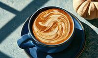 Cup of coffee with latte art on blue saucer. Sunlight casts shadows across textured surface. Pumpkin sits beside cup, suggesting autumn theme, AI generated [IBR125472286]