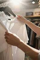Tactile evaluation of sustainable fashion garments on clothing racks, consumer hands inspecting a plain white crewneck shirt in a modern boutique, warm backlight illuminating delicate organic cotton fibers during deliberate retail shopping, physical merch [IBR125472289]