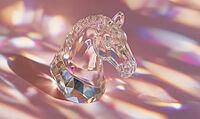 A clear horse head sits on a pink background. The horse head is made of glass and has a shiny, reflective surface. The pink background adds a soft, AI generated [IBR125472296]