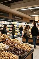 Bulk nuts, roasted almonds, chocolate dragees and healthy snacks fill retail display trays in a supermarket aisle during everyday grocery shopping, blurred shoppers select daily nutrition from tiered gondola shelves stocked with packaged provisions, visua [IBR125472303]
