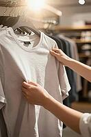 Tactile evaluation of sustainable cotton fabric on retail clothing racks, consumer hands feeling garment texture for durability and mindful shopping, anonymous customer examining plain light grey crewneck jersey t shirt hanging among neutral apparel colle [IBR125472304]