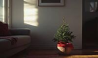 Living room with light grey walls, simple green Christmas tree in a basket, AI generated [IBR125472314]