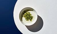 White bowl holds creamy soup with fresh green herbs. Bowl sits on white circular plate. Deep blue background contrasts with light tones, AI generated [IBR125472324]
