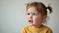 A young one year old girl on the verge of tears. Sad child. Short pigtails. Wispy brown hair. She is in profile and looking off to the side. Wearing a yellow top. Isolated against a neutral background. Copy space, AI generated [IBR125472326]