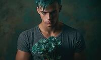 Closeup portrait of a young man with teal hair, holding teal chrysanthemums, AI generated [IBR125472328]