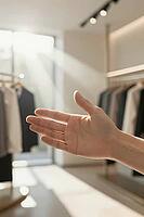 Customer service hand reaching towards sunlight in minimalist luxury boutique showroom with hanging garments and soft apparel presentation racks, welcoming open palm catching golden rays of atmospheric window light, tactile experience of textile shopping  [IBR125472329]