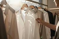 Minimalist capsule wardrobe curation with crisp white cotton blouse on wooden hanger, elegant female customer browsing sustainable boutique fashion, delicate morning sunlight filtering through translucent organic linen fabric, selective tactile inspection [IBR125472330]