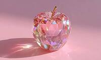 A pink apple with a gold stem sits on a pink background. The apple is made of crystal and has a shiny, reflective surface. The image has a dreamy, AI generated [IBR125472335]