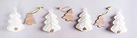 Knitted and wooden fir trees in a row on a gray background. Web banner [IBR125492323]