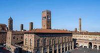 View of the Palazzo del Podestà in Piazza Maggiore and the Torre Azzoguidi and Torre Prendiparte o Coronata family towers as well as the Due Torri: Garisenda and Asinelli, city view, old town, Bologna, Emilia Romagna, Italy [IBR125492384]