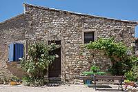 Rustic stone house with blue shutters surrounded by flowers and climbing plants, a table with chairs in front of it, Aurel, Provence, France [IBR125492397]