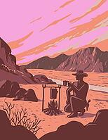 WPA poster art of a cowboy by campfire Red Rock Canyon National Conservation Area in Nevada USA done in works project administration [IBR125492412]